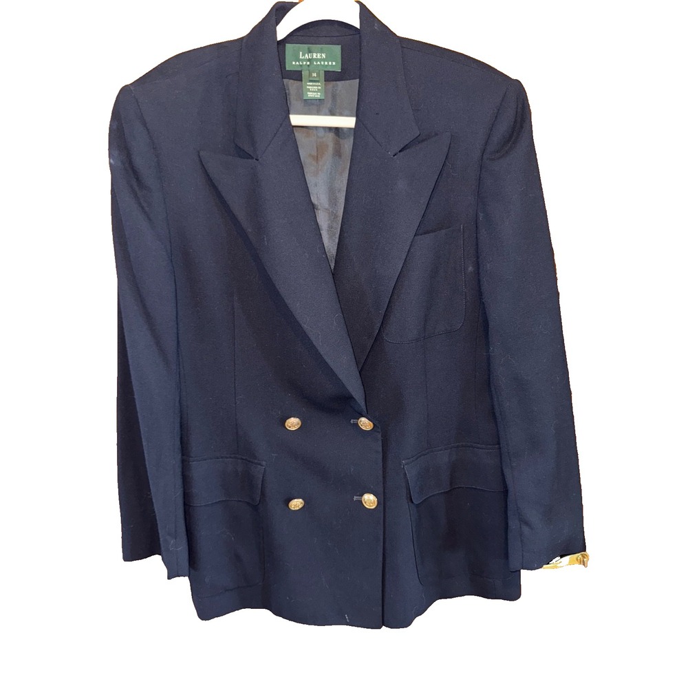 Lauren Ralph Lauren wool navy double breasted blue blazer Sz 14 Academia preppy